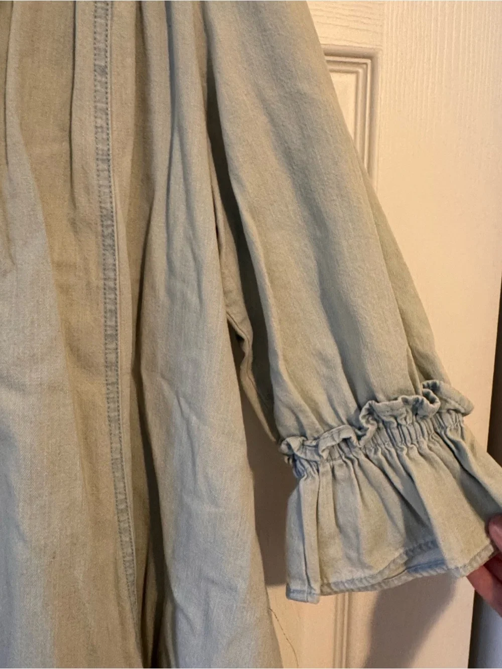 Free People Light Denim Button-Front Smocked Yoke Mini Dress